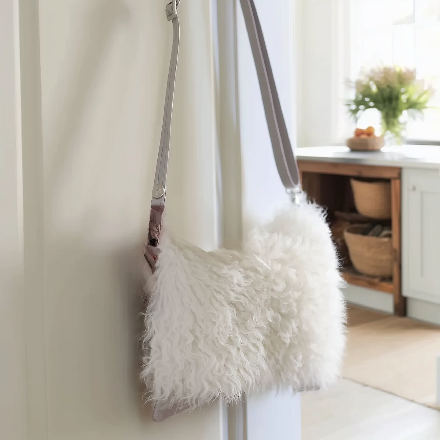 Sheepskin Crossbody Bag Clutch, Ivory and Grey