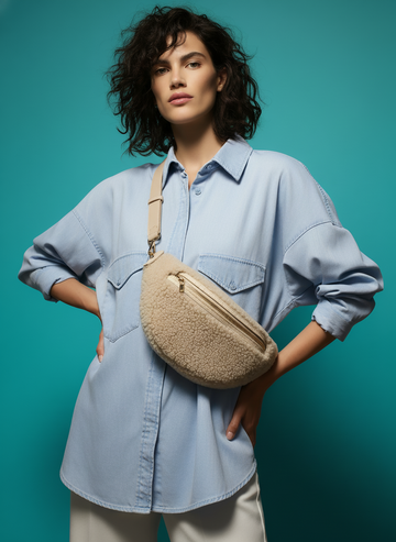 Woman wearing the Oyster Nevina bum bag in a denim shirt