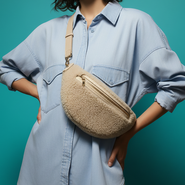 Woman wearing the Taupe Nevina bum bag in a denim outfit