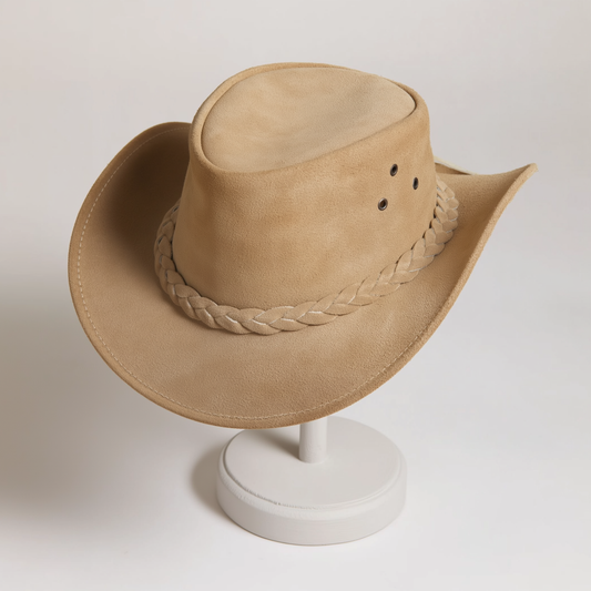 Genuine Suede Leather Handmade Outback Western Cowboy Hat, Maven, Camel
