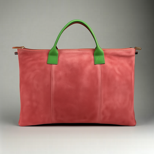Milano Suede Bag, Coral, with Adjustable Shoulder Strap, Fuchsia & Green Leather Handles by Clemés