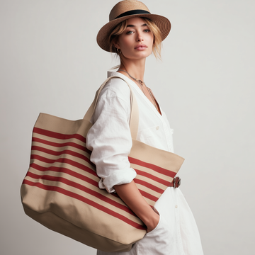 Woman with the Red Solène beach bag in a white summer outfit