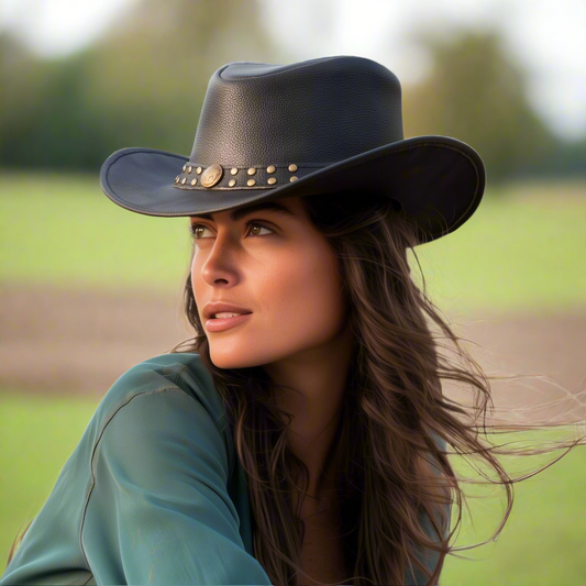 Genuine Cowhide Leather Handmade Western Outback Cowboy Hat, Drifter, Black