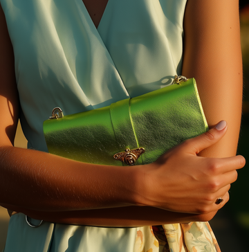 Model carrying the Apple Green Anima clutch against her side, studio shot