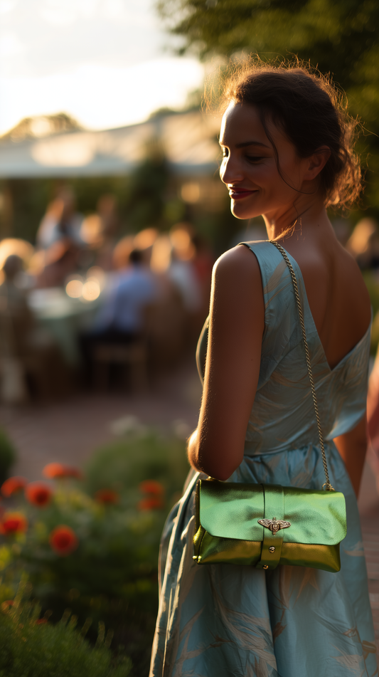 Woman with the Olive Anima clutch crossbody, outdoors at dusk
