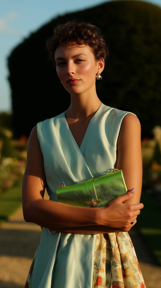 Woman with the Teal Anima clutch at a garden party