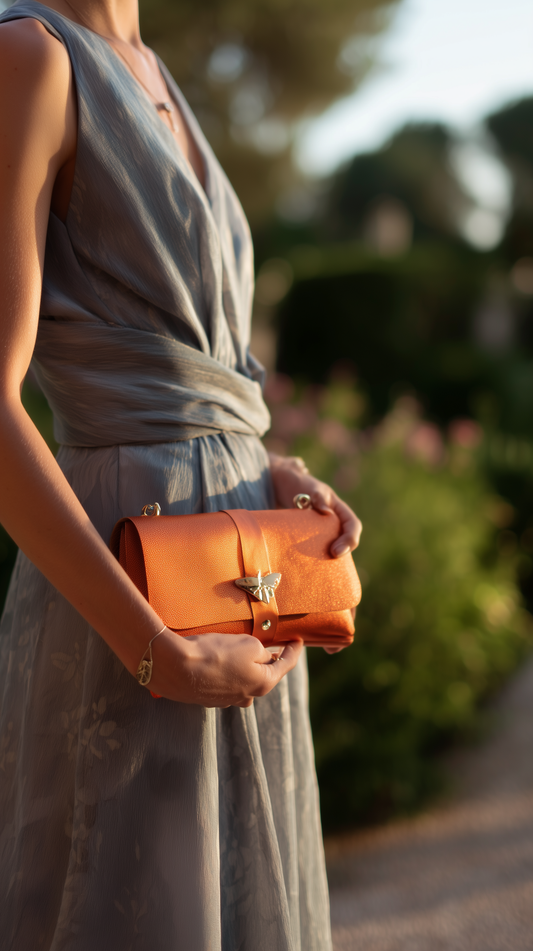 Woman with the Teal Anima clutch, outdoors in golden light