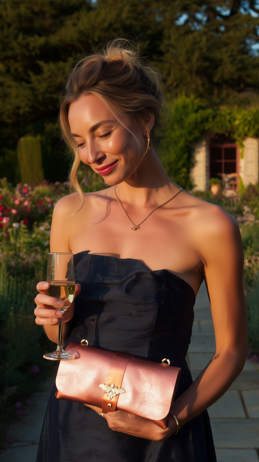 Woman with the Champagne Anima clutch at an evening garden party