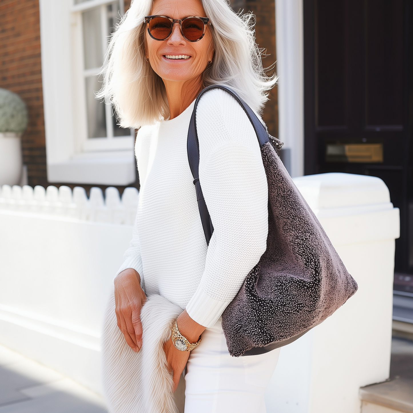 Natural Sheepskin & Leather Shoulder Tote Bag, Yatton