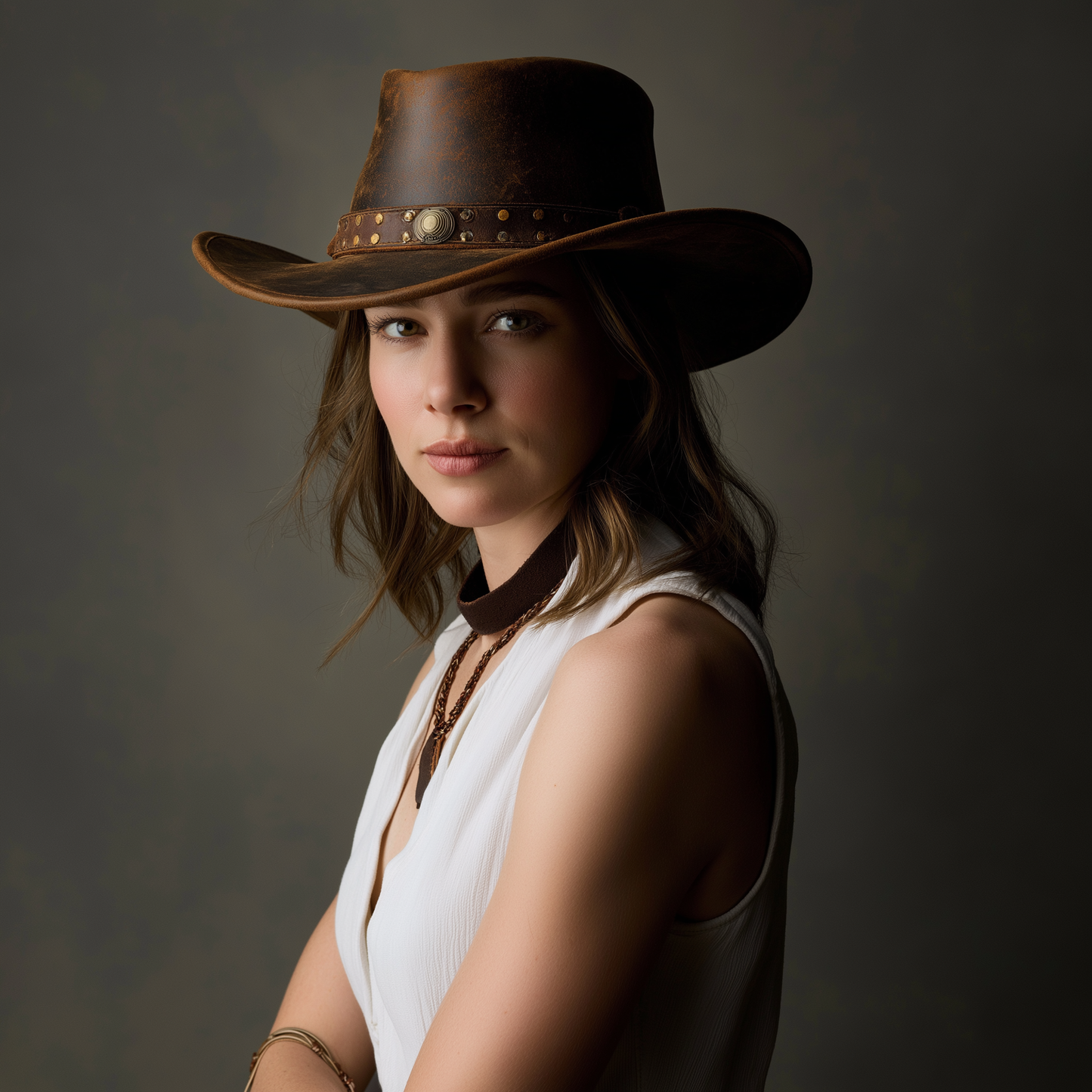 Genuine Cowhide Leather Handmade Western Outback Cowboy Hat, Drifter, Mocha