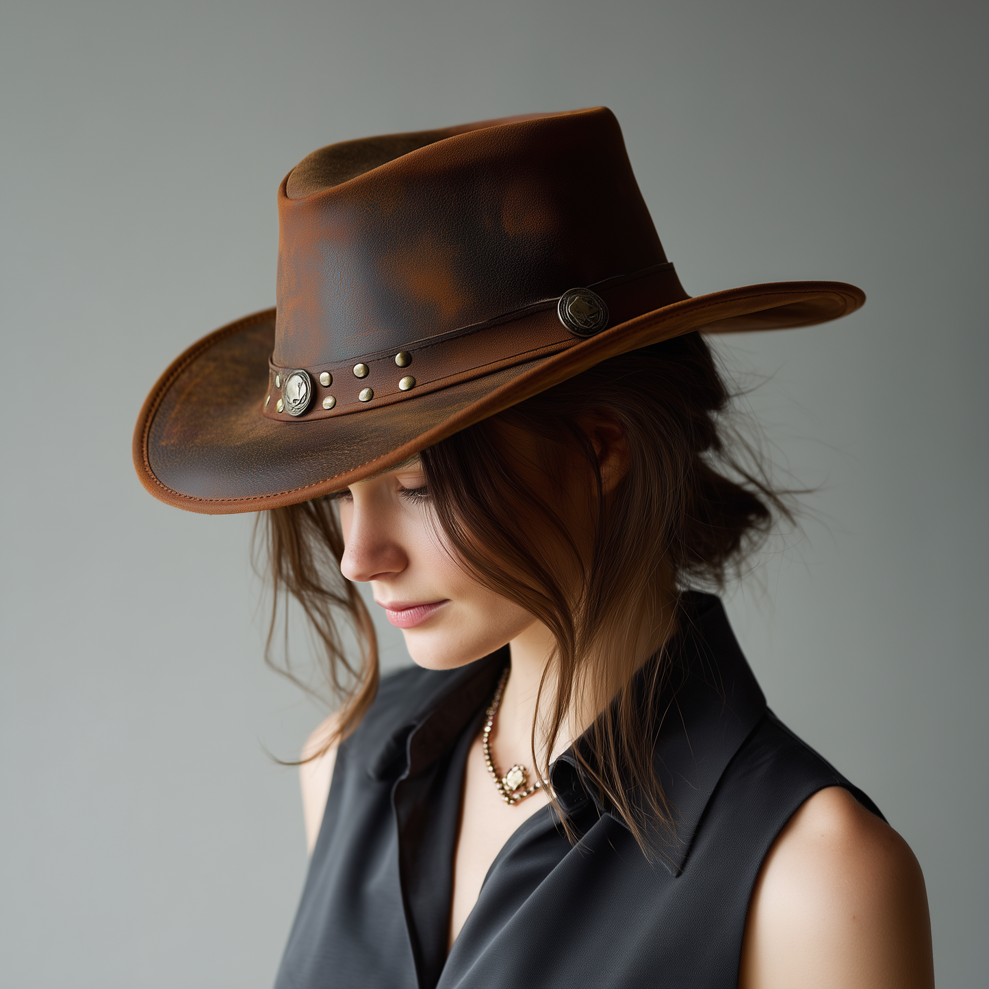 Genuine Cowhide Leather Handmade Western Outback Cowboy Hat, Drifter, Mocha