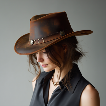 Cowhide Leather Handmade Western Outback Cowboy Hat, Drifter, Mocha