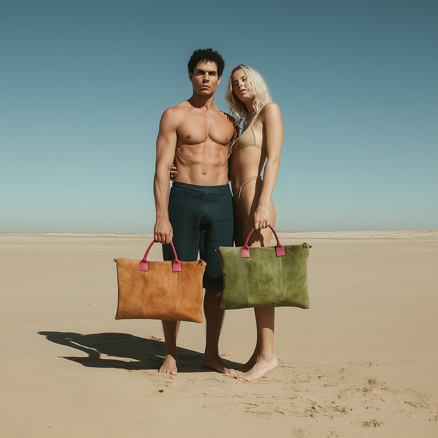 Milano Suede Bag, Tan, with Adjustable Shoulder Strap, Fuchsia & Green Leather Handles by Clemés