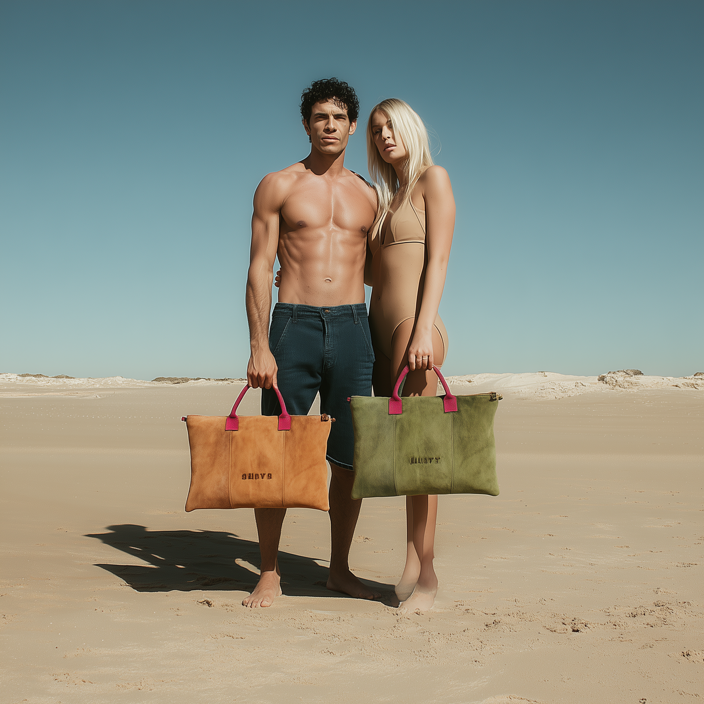 Milano Suede Bag, Tan, with Adjustable Shoulder Strap, Fuchsia & Green Leather Handles by Clemés