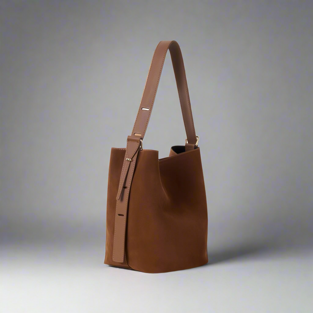 Serena Suede & Leather Bucket Shoulder Bag by Clemés in Tan, studio shot on grey background