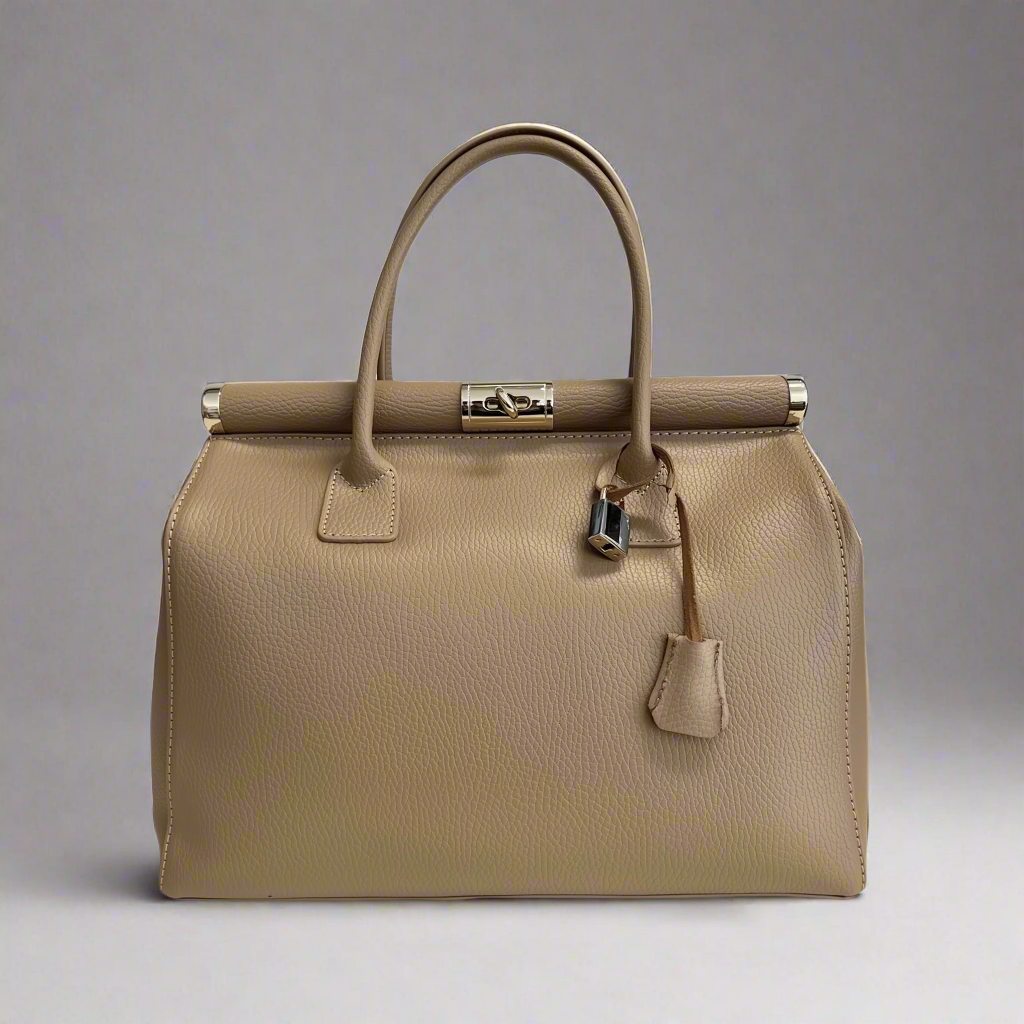 Beige handbag with a silver clasp on a white background