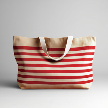 Solène Large Striped Jute Carry Beach Bag by Clemés in Red, three-quarter studio shot on grey background