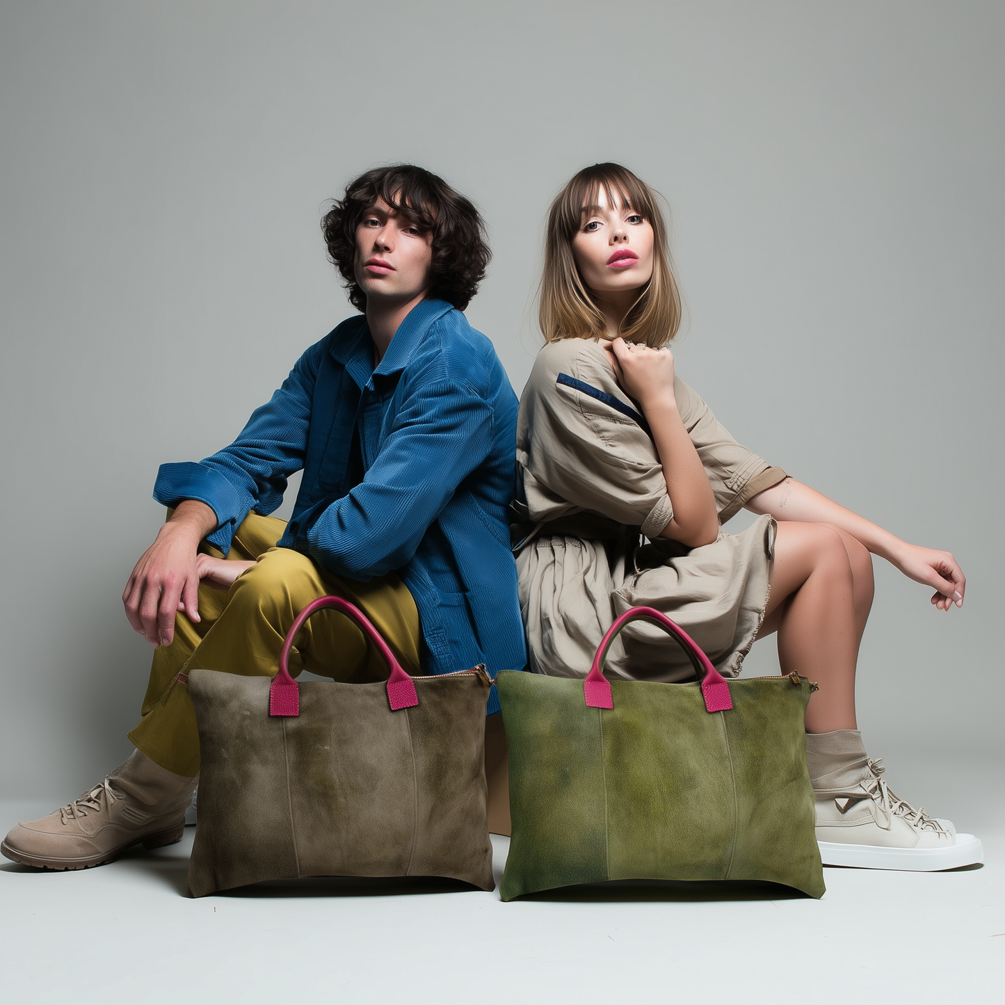 Milano Suede Bag, Taupe, with Adjustable Shoulder Strap, Fuchsia & Green Leather Handles by Clemés