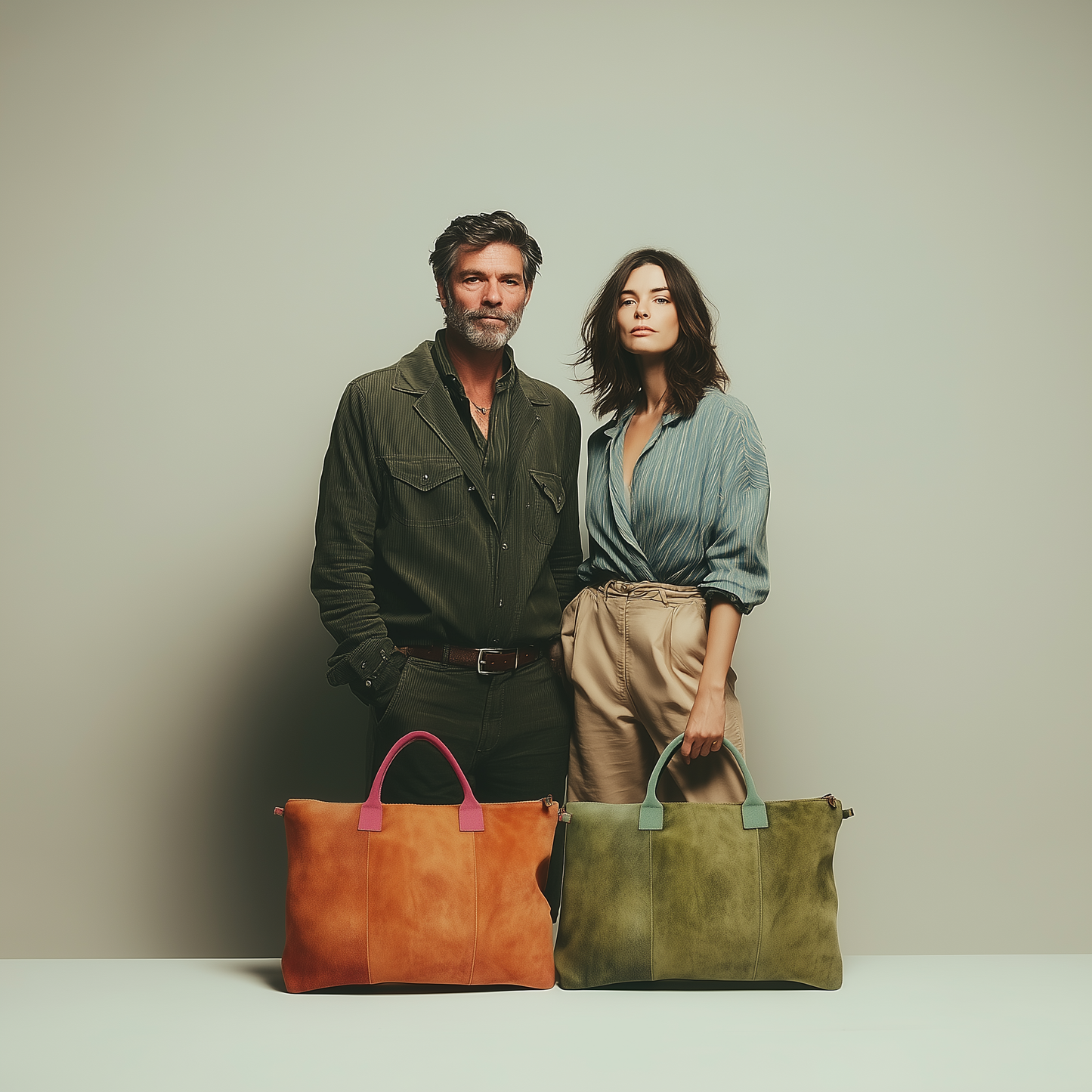 Milano Suede Bag, Tan, with Adjustable Shoulder Strap, Fuchsia & Green Leather Handles by Clemés