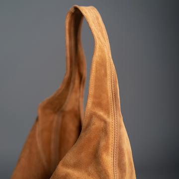Silvia Suede Slouch Hobo Bag by Clemés in Caramel, shoulder strap detail