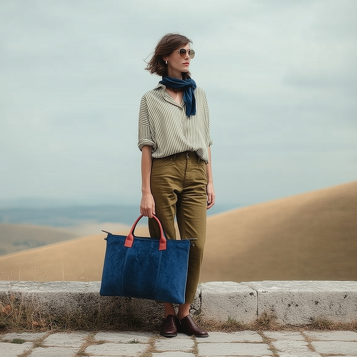 Milano Suede Bag, Blue, with Adjustable Shoulder Strap, Fuchsia & Green Leather Handles by Clemés