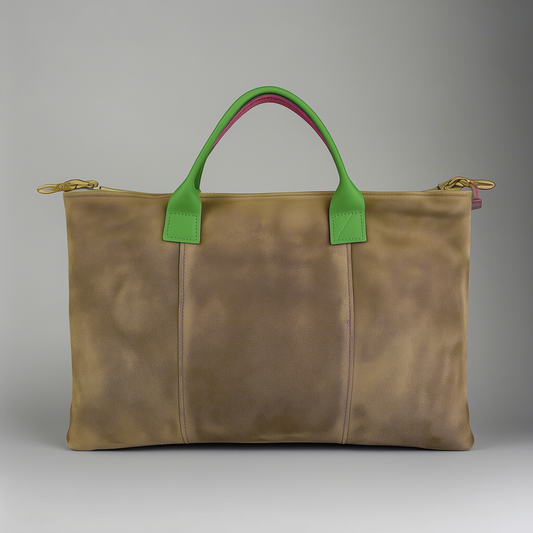 Milano Suede Bag, Taupe, with Adjustable Shoulder Strap, Fuchsia & Green Leather Handles by Clemés
