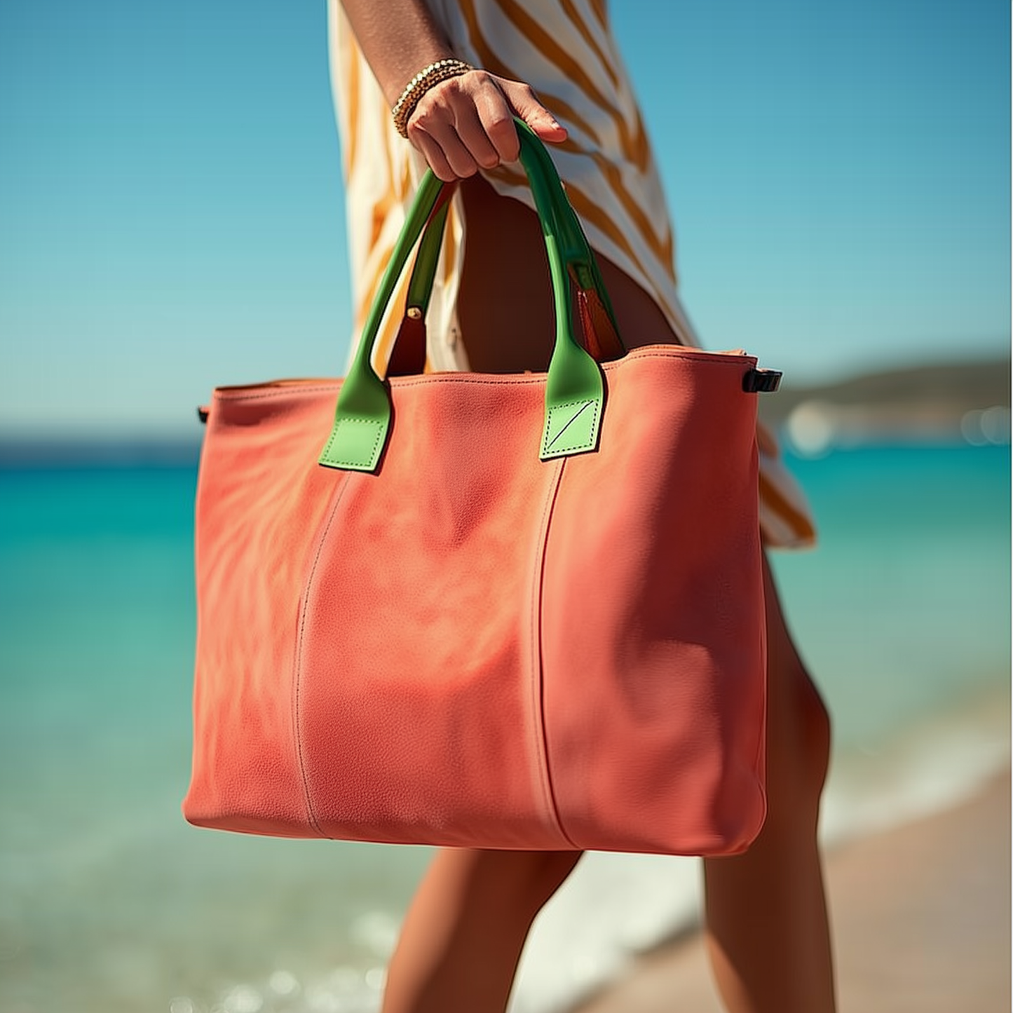 Milano Suede Bag, Coral, with Adjustable Shoulder Strap, Fuchsia & Green Leather Handles by Clemés