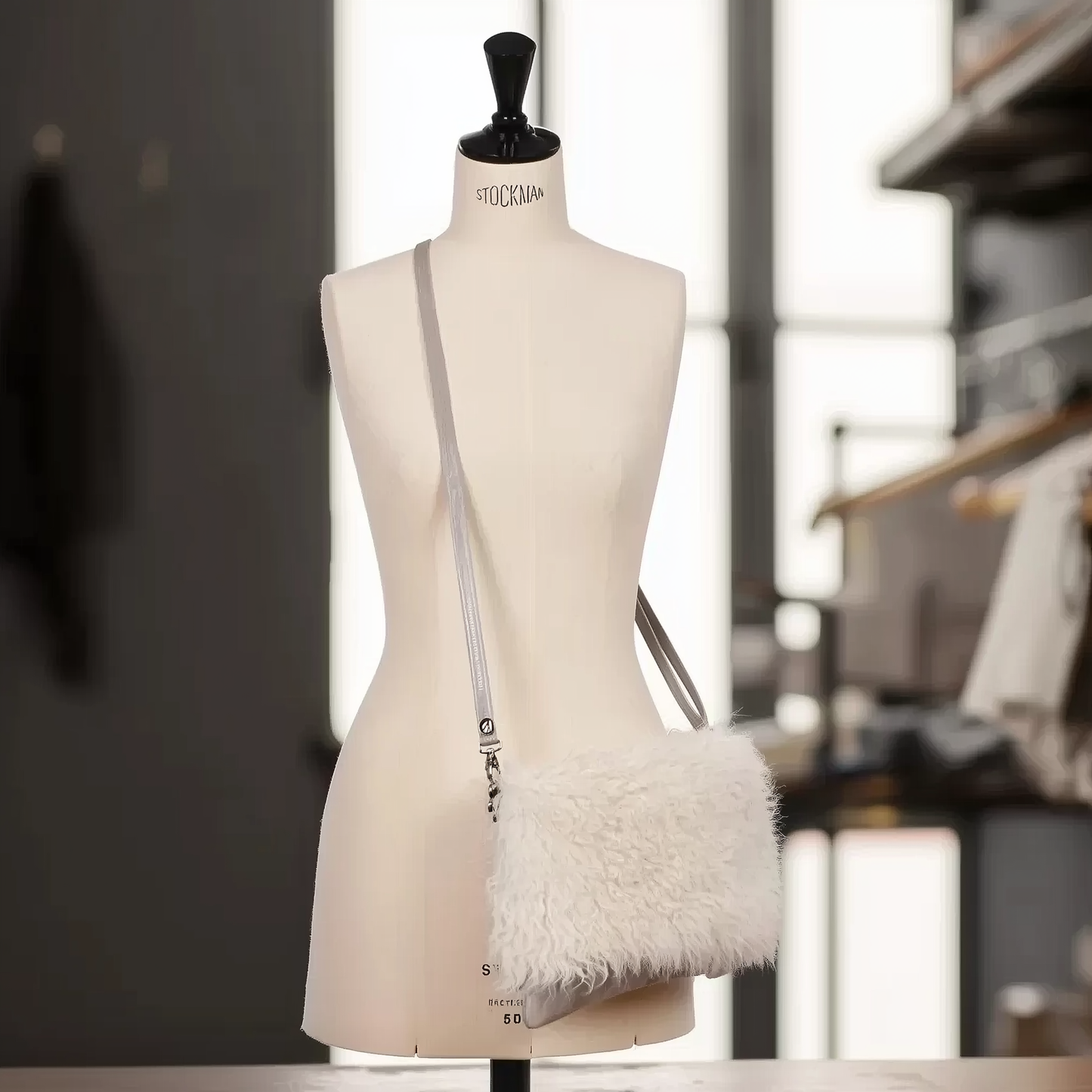 Sheepskin Crossbody Bag Clutch, Ivory and Grey