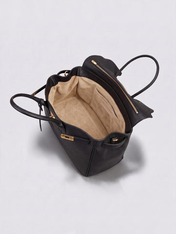 Letizia Black Calfskin Bag by Clemés – open top-down view of the interior
