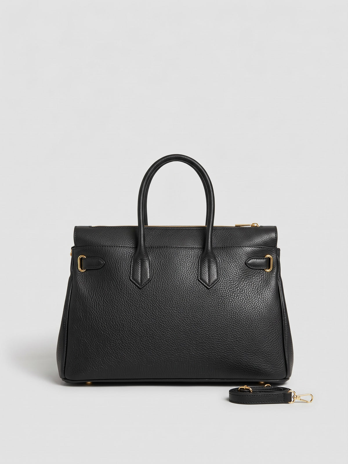 Letizia Black Calfskin Bag by Clemés – front view with strap beside the bag