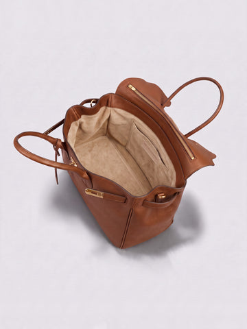 Letizia Cognac Calfskin Bag by Clemés – open top-down view of the interior