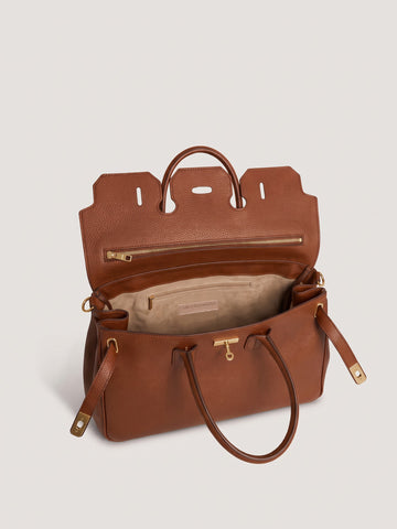 Letizia Cognac Calfskin Bag by Clemés – flap open showing the interior