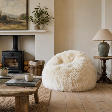 Premium Natural Long-Wool Sheepskin Bean Bag, L85 x W85 x H70 cm, Ivory