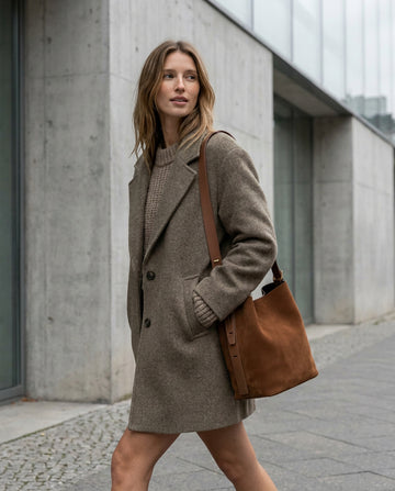 Woman wearing the Chocolate Serena bucket bag on her shoulder, walking outdoors