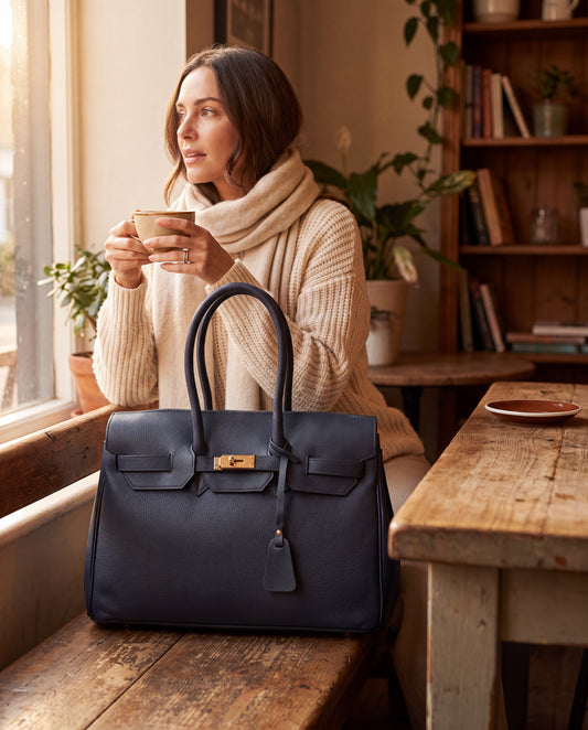 Valentina Maxi Leather Tote by Clemés in Navy, styled on a cafe table