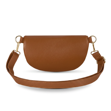 Romy Leather Crossbody Bum Bag by Clemés in Tan, studio shot with long strap
