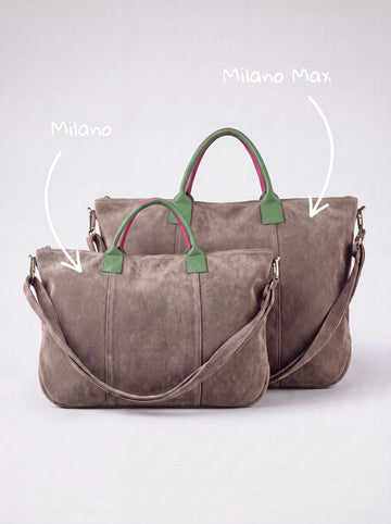 Milano and Milano Max suede bags in taupe shown side by side for size comparison