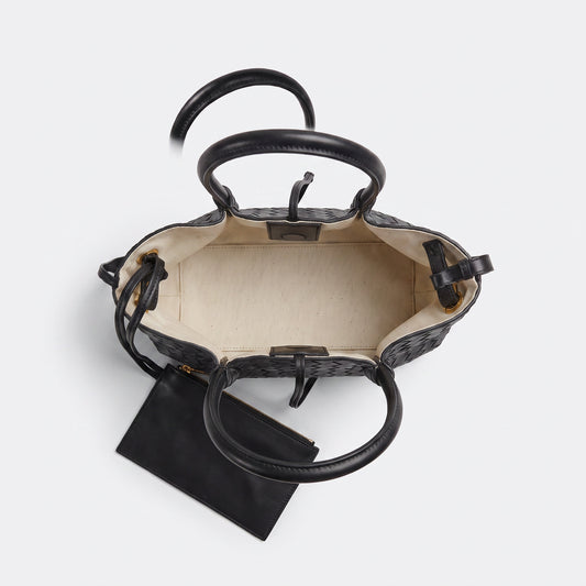 Ornella woven leather bag open flat-lay from above with coin purse