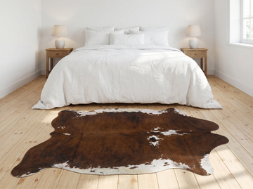 Brindle cowhide rug at foot of bed on wooden floor