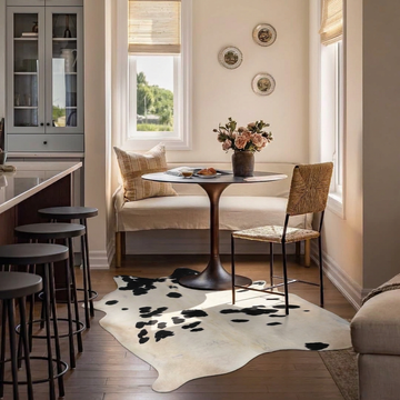 Caramel and ivory exotic printed cowhide rug styled on the floor of an editorial interior