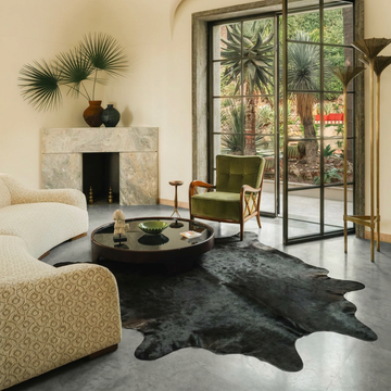 Warm caramel solid natural cowhide rug styled on the floor of an editorial interior