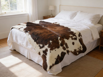 Brindle cowhide rug draped as throw over bed