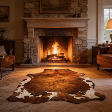 HN-23304 cowhide rug in living room with fireplace