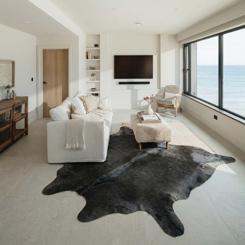 Warm caramel solid natural cowhide rug styled on the floor of an editorial interior