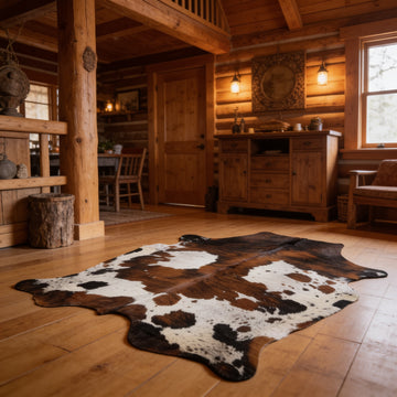 HN-23200 cowhide rug in timber house interior