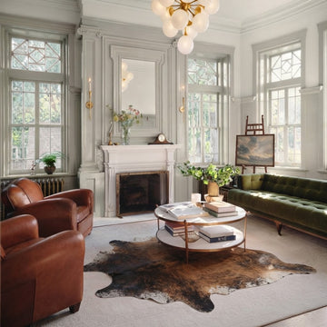 Mocha, chocolate and ivory cowhide rug styled on the floor of a classic chesterfield living room