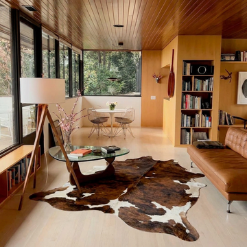 Tri colour brindle cowhide rug styled on the pale timber floor of a mid-century living room