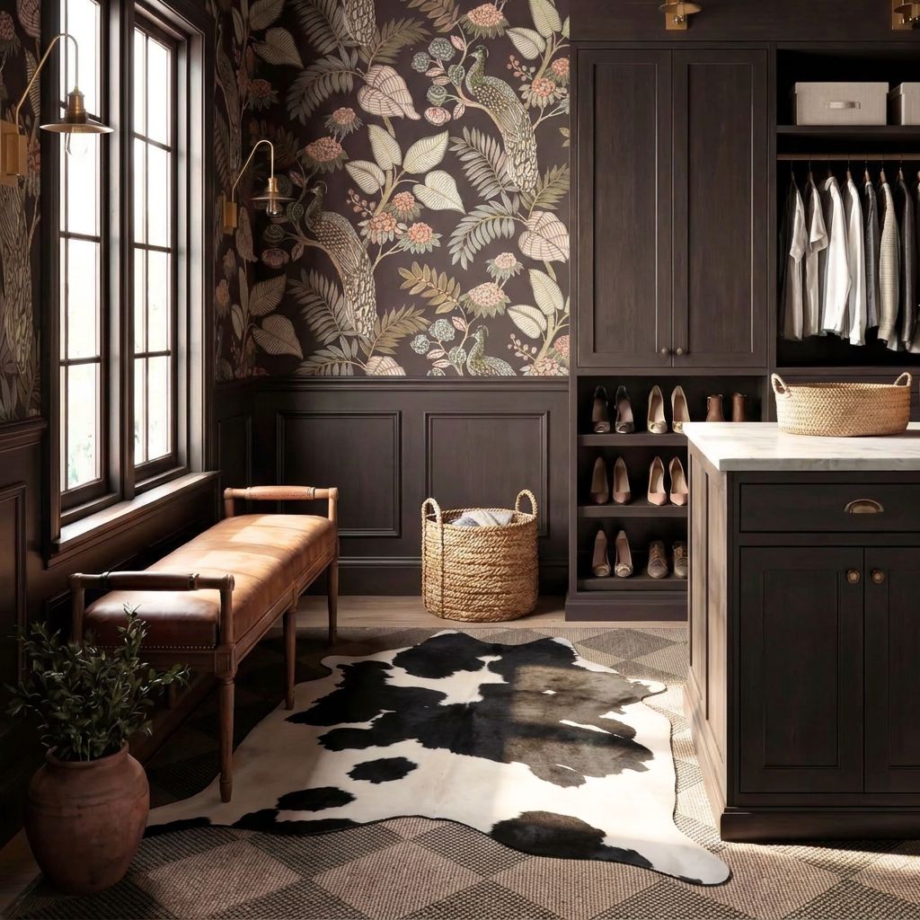 Caramel and ivory exotic printed cowhide rug styled on the floor of an editorial interior