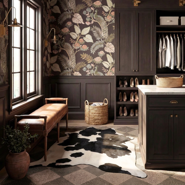 Caramel and ivory exotic printed cowhide rug styled on the floor of an editorial interior