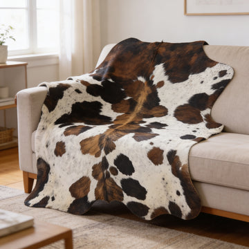 HN-23216 cowhide rug draped over sofa